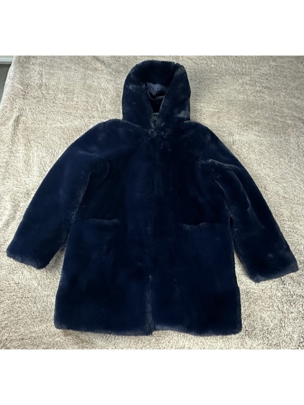 APPARIS Goldie Navy Blue Faux Fur Hooded Coat Jacket Size S Small Plush Winter - Picture 12 of 14